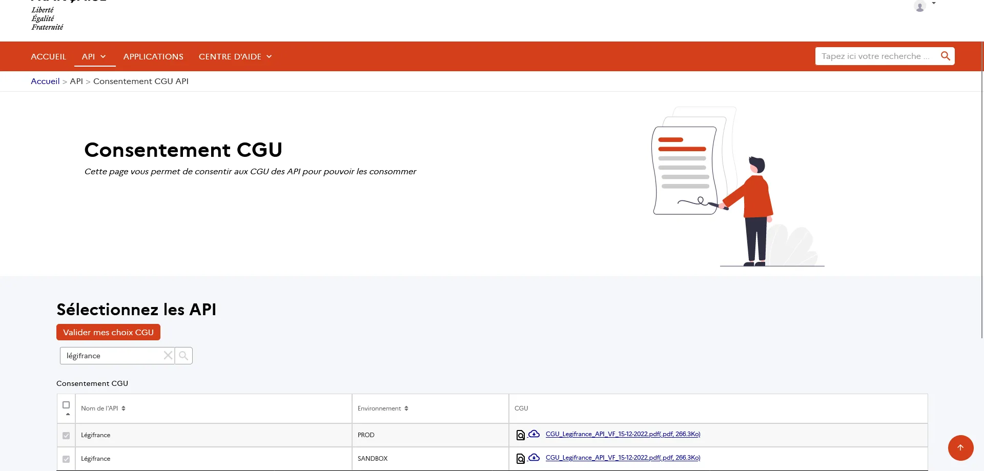 Capture d'écran du site de Piste, page de consentement CGU