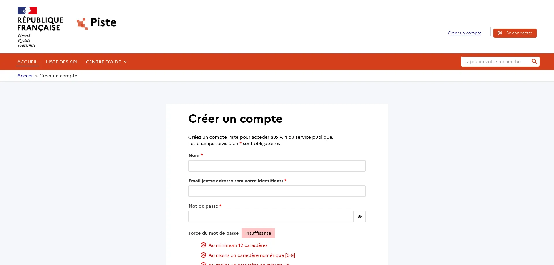 Capture d'écran du site de Piste, page de création de compte