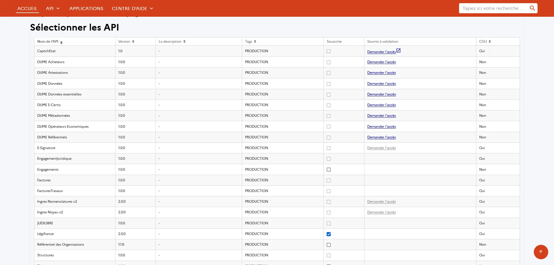 Capture d'écran du site de Piste, page de de mofification des applications, ajout d'une API